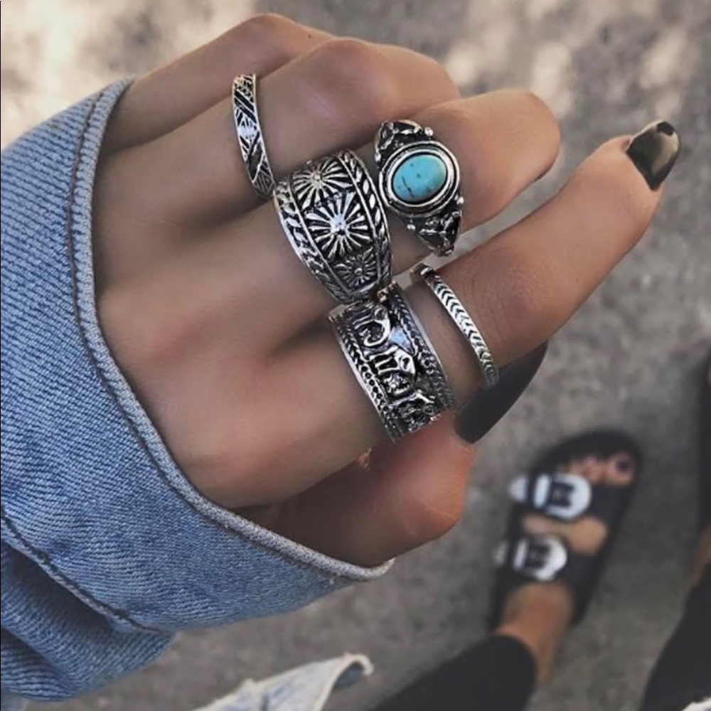 Turquoise Elephant 5 piece Ring Set